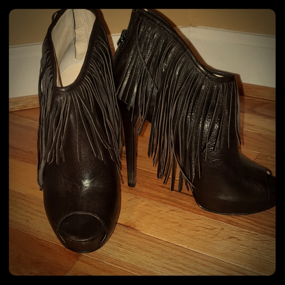 Boutique 9 Leather Fringe Peep Toe Booties